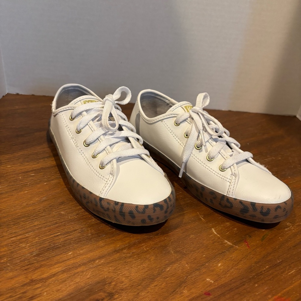 Keds White Leather Kids Sneakers with Leopard Print Sole